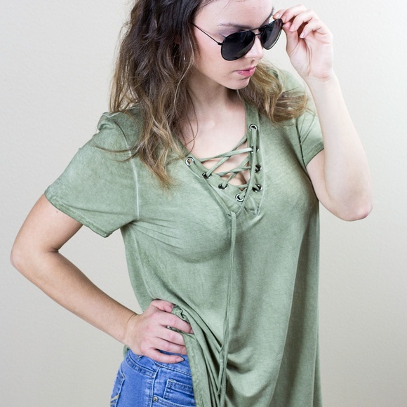 SOLD!!!! Becca Mineral Wash Green Lace-Up Tee - Picture 3 of 3